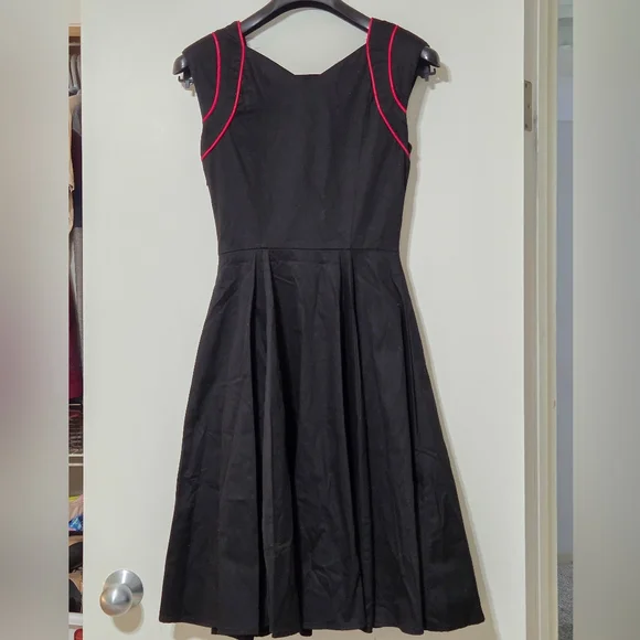 Hearts & Roses Black+Red Retro Inspired Pin Up Style Dress Bikercore Bow Size XS - Picture 12 of 14